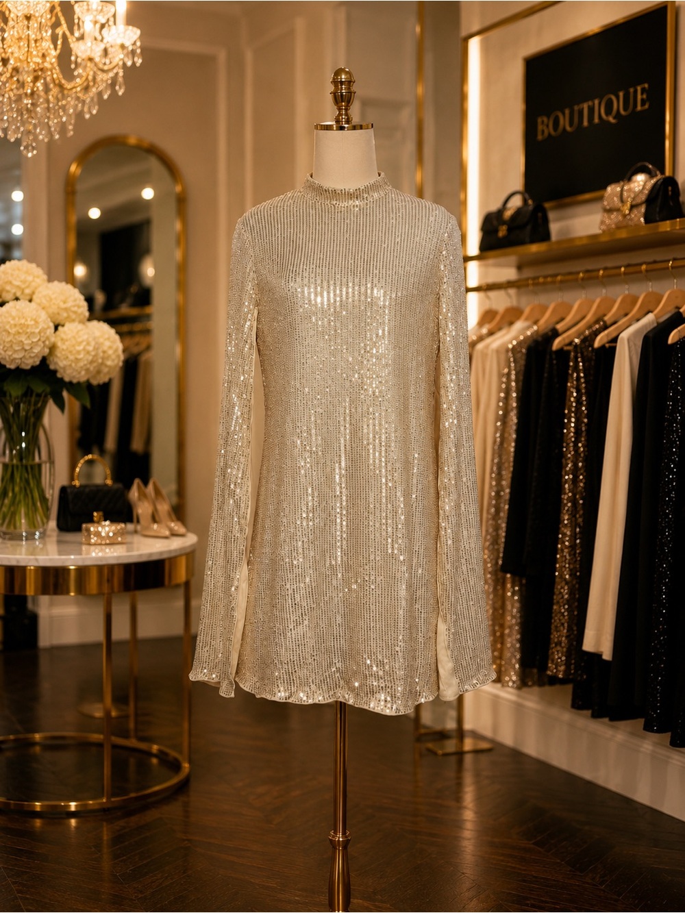 Champagne Sequined Split Sleeve Mini Dress, Size Medium